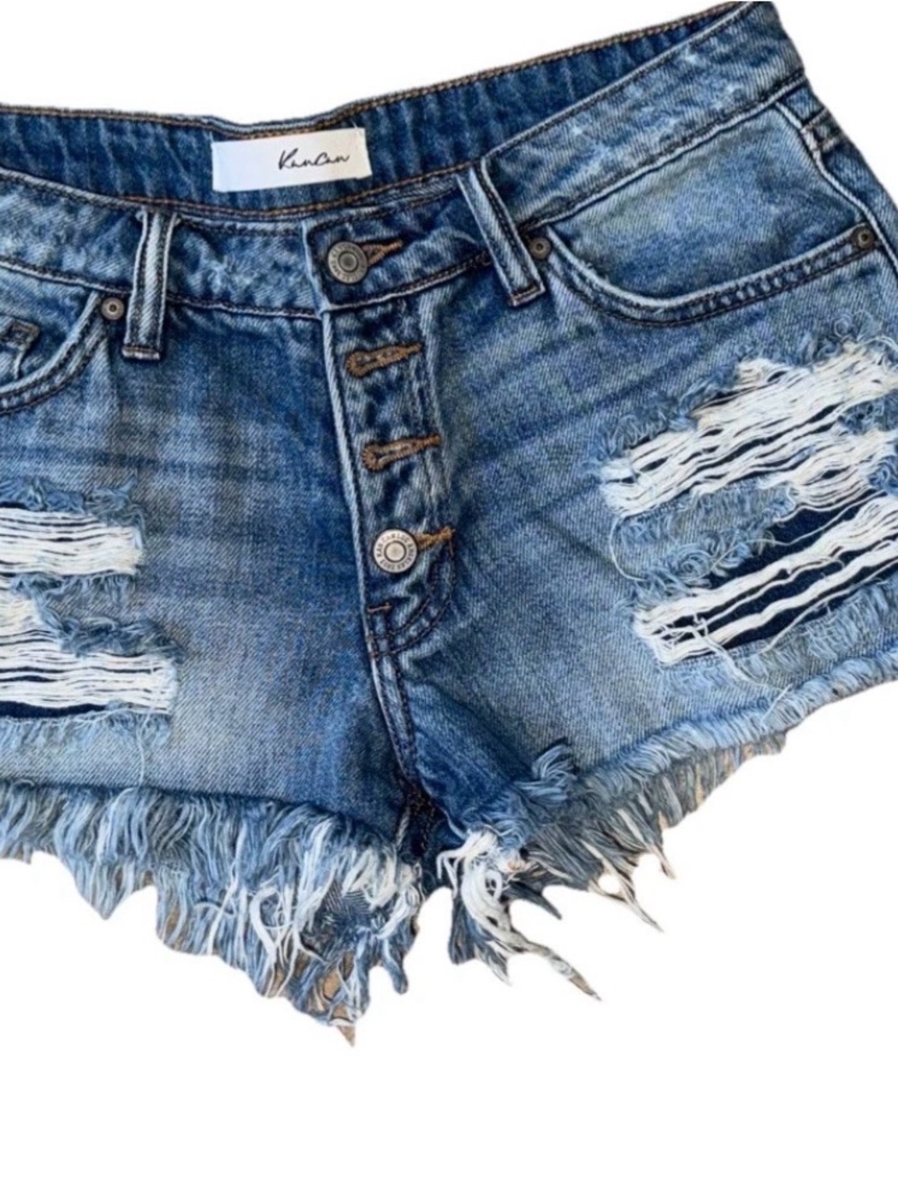 KanCan Medium Blue Distressed Fringe Hem Denim Shorts